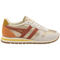 Buy Gola womens Daytona Blaze sneakers in gold/orange online at gola Retro Sneakers With Cushioned Footbed, Retro Sneakers With Laces For Sports, Retro Lace-up Sneakers For Sports, Lace-up Jogging Sneakers With Gum Sole, Lace-up Sneakers With Gum Sole For Jogging, Vintage Sneakers With Rubber Waffle Outsoles For Jogging, Gum Sole Lace-up Running Shoes For Jogging, Vintage Low-top Running Sneakers, Retro Sneakers With Rubber Sole For Jogging