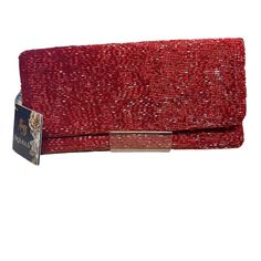 Fully Beaded Clutch Handbag By Moyna New York - New With Tags - Features: Inside Pocket, Flap Top With Zipper - Raspberry/Cherry Red Colored Bugle Beads - 9" X 4.75" - Original Retail $105. Red Beaded Clutch For Party, Elegant Red Beaded Clutch, Red Beaded Rectangular Clutch, Rectangular Beaded Red Clutch, Beaded Red Rectangular Clutch, Boho Clutch Bag, Cherry Red Color, Boho Clutch, Silk Clutch