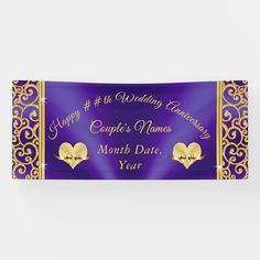 a purple and gold wedding banner with hearts