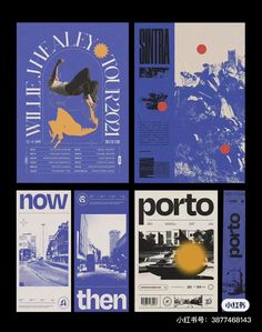 four different posters are shown together in blue and yellow colors, with the same design on them