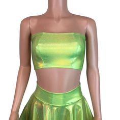 Stretch lime green holograph mystique tube top. This tube top is sewn to fit your curves and not flatten you out, while fitting snug enough to stay up :) Costume Ideas 2023, Powerpuff Girls Costume, Green Tube Top, Tube Top And Shorts, Outfit Ideas 2023, Velvet Mini Skirt, Tube Tops, Festival Clothing, Cropped Tube Top