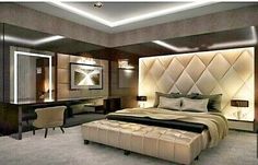 a bedroom with a bed, desk and chair in it's center area is lit up by recessed lighting