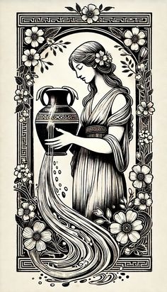 a black and white drawing of a woman holding a vase