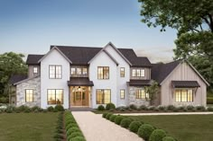 this is an artist's rendering of a house in the country style with stone and wood accents