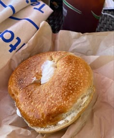 a close up of a bagel on a table