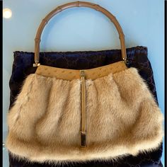 Used But Very Good Condition, Mink With Ostrich Leather Trimming, Fur Is Beige Color, Wood Like Handle Gucci Handbag, Ostrich Leather, Gucci Handbags, Gucci Bags, Small Leather Goods, Beige Color, Small Bags, Gucci Bag, Satchel