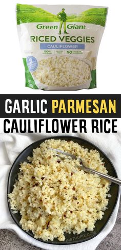 garlic parmesan cauliflower rice in a black bowl next to a bag of rice