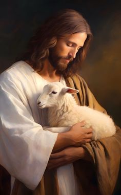 a painting of jesus holding a lamb