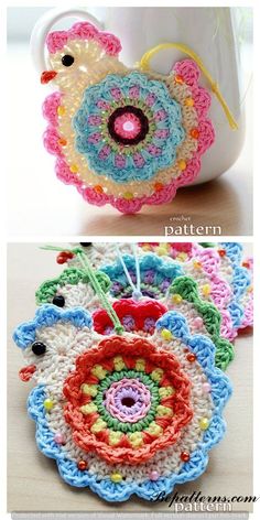 crocheted coasters are shown in different colors and sizes, including one with a flower