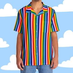 Rainbow striped maximalist funky button-up Hawaiian shirt ✿ ✿ ✿ Goes up to 5XL! Check the size chart above to find your fit! ✿ ✿ ✿ -95% polyester + 5% spandex -Boxy fit -Pocket ✿ ✿ ✿ Thanks for checking out the shop! <3 Connor Summer Horizontal Stripe Button-up Shirt, Summer Button-up Shirt With Horizontal Stripes, Horizontal Stripe Button-up Shirt For Summer, Multicolor Horizontal Stripe Tops For Spring, Multicolor Striped Top For Summer, Trendy Collared Shirt With Vertical Stripes, Multicolor Horizontal Stripe Summer Tops, Summer Contrast Stripes Button-up Tops, Summer Button-up Tops With Contrast Stripes