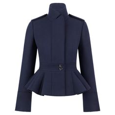 Designed by Sarah Burton for the Alexander McQueen Pre-Fall 2015 collection. Tailored/fitted. Peplum. Cropped. Military style. Epaulettes at shoulders. Bell style cuffs can be worn down or cuffed up. Jacket can be fully buttoned up to neckline with concealed snap closures. High neck. "Alexander McQueen” etched around 2 waist buttons. Made in Italy. *Pants not included in sale. Condition: Pre-Owned. Excellent condition. Minor areas of spotting to the lining. Photos taken for condition report. Siz Fitted Outerwear With Stand Collar For Evening, Fitted Evening Outerwear With Stand Collar, Elegant Fitted Outerwear With Stand Collar, Alexander Mcqueen Jacket, Mode Mantel, Alexander Mcqueen Fashion, Sarah Burton, Peplum Blazer, Style Blazer