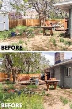 before and after pictures of a backyard with an old shed, picnic table, and back yard