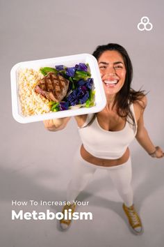 a woman holding up a plate with meat and vegetables on it, in front of the words how to increase your metabolism