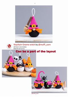 crocheted halloween decorations with pumpkins and witches