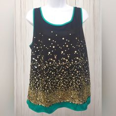 Beautiful Top Works Well For Casual Or Business Stretchy Material Gold Sequin Throughout Front Back Is Solid Black With Green Silk Trim Chest Measures 22" (Will Stretch More) Length Measures 26" Green Sleeveless Sequin Top, Womens Abs, Ab Studio, Gold Sequin, Green Silk, Stretchy Material, Solid Black, Sleeveless Top, Sequin