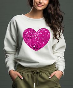 Faux Sequins Valentines Shirt - Glitter Heart Shirt Womens Valentines Top ValentinesTee - Bling Valentines Shirt-Sequins Heart Sweatshirt } Handmade } Ships from Texas! Shorter shipping distances are  kinder to the planet - This design will be made with DTF. - If you want to add or change anything on the existing design that we show in the display picture, please contact with the seller from message box to ask if the changes and additional request can be done or not, if you do not ask and request for it without asking in the order we will ship the item as it is without the requests done. * Our unisex cozy sweatshirts & tees are soft and durable! * Ships within 1 business day! * Shop with Confidence! We are a 5-Star Rated Shop! * Easy measuring tip: Take your favorite sweatshirt or tee, lay Pink Sequined Crew Neck Top, Pink Sequined Crew Neck T-shirt, Casual Pink Sequined T-shirt, Heart Sweatshirt, Display Picture, Fun Sweatshirts, Glitter Hearts, Message Box, Heart Shirt