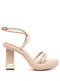 beige calf leather padded design crossover strap detail FF logo plaque high block heel branded insole buckle-fastening ankle strap gold-tone hardware Ff Logo, Sandals Brown, Fendi Baguette, Brown Leather Sandals, Fendi Shoes, Demi Fine Jewelry, Fine Watches, Brown Shoe, Fine Earrings