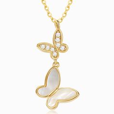 This gold-chained necklace features a pendant with two butterflies. One has cubic zirconia white stones and the other has white pearls. It’s an ideal jewelry piece to match your outfit for special occasions. Elegant Cubic Zirconia Butterfly Pendant Necklace, Elegant White Butterfly Necklace In Cubic Zirconia, Elegant Butterfly Necklace With Cubic Zirconia, Elegant Cubic Zirconia Butterfly Necklace With Clavicle Chain, White Cubic Zirconia Butterfly Necklace, White Cubic Zirconia Butterfly Necklace Gift, White Butterfly Pendant Necklace With Adjustable Chain, White Butterfly Pendant Necklace With Delicate Chain, Elegant White Butterfly Necklace With Clavicle Chain