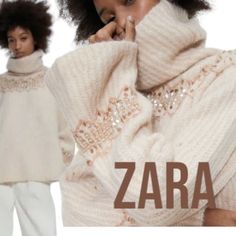 New With Tags In A Beautiful Cream Color Beaded Turtleneck Chunky Sweater With Bell Sleeves, Runs Oversized, Fabric Is A Mohair And Wool Blend, Beautiful Bead Work Around The Neckline And Sleeves. Beaded Turtle, Zara Limited Edition, Jeweled Sweater, Light Knit Sweater, Oversized Grey Sweater, Embellished Sweater, Cable Knit Turtleneck Sweater, Embellished Sweaters, Beaded Sweater