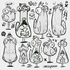 an image of cartoon characters drawn in black and white with various expressions on the face