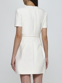 65% Virgin wool, 35% Silk Luxury Short Sleeve Mini Dress For Formal Occasions, Luxury Short Sleeve Formal Mini Dress, A-line Midi Dress With Structured Boning, Luxury Structured Dresses, Chic Structured Dress, Chic Structured Midi Dress With Boning, Chic Structured Dress With Boning, Luxury Short Sleeve Midi Dress For Work, Luxury Structured Cocktail Dress