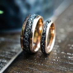 The Romeo & Juliet- Couples His and Hers Meteorite Wedding Rings | Madera Bands Meteorite Wedding Rings, Romeo Und Julia, Meteorite Wedding Band, Modern Wedding Rings, Couples Wedding Bands, Rose Gold Tungsten, Matching Wedding Rings, Couple Wedding Rings, Tungsten Wedding Rings