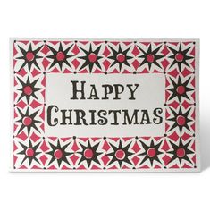 a christmas card with the words happy christmas in black and red on it's front