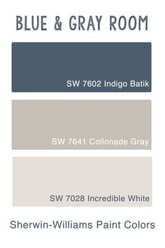 blue and gray paint colors with the words sw 7602 indigo bathk, sw 75