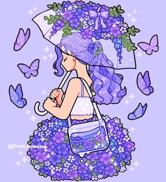 a drawing of a woman holding an umbrella with purple flowers and butterflies in the background