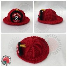 the crocheted hat is red and has a small bird on it's brim