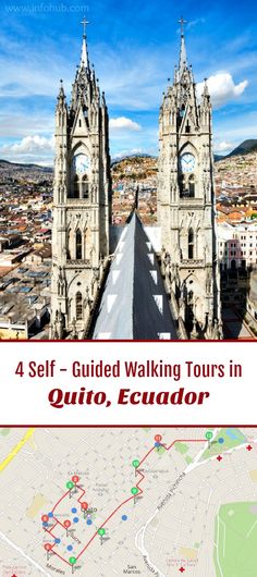 an aerial view of a cathedral with the text 4 self guided walking tours in quito,