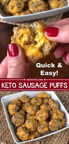 keto sausage puffs are being held up in front of the camera with text overlay that reads quick and easy keto sausage puffs