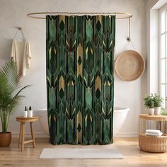 Add a touch of elegance to your bathroom decor with our Geometric Shower Curtain, featuring a stunning gold modern abstract Art Deco design. Perfect as a housewarming gift, this unique forest green shower curtain enhances any new home decoration with its chic and contemporary flair. 𝐃𝐄𝐓𝐀𝐈𝐋𝐒 ⭐100% Polyester ⭐71 in width x 74 in length ⭐Construction can lead to a size variance +\-2 in ⭐12 button holes ⭐Plastic shower lining not included ⭐Hooks not included ⭐Colors may appear different on di Retro Green Bathroom Shower Curtain Manly, Shower Curtain With Gold, Green Geometic Cloth Shower Curtains, Hunter Green Bathroom Ideas, Green And Gold Bathroom Decor, Bathroom Decor Gold, Fantasy Bathroom, Bathroom Revamp, Art Deco House