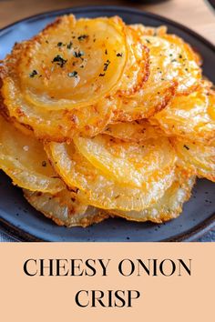 cheesy onion crisp on a blue plate