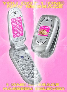 an advertisement for a cell phone with a message on the front and back sides,