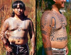 two pictures of a man with tattoos on his body