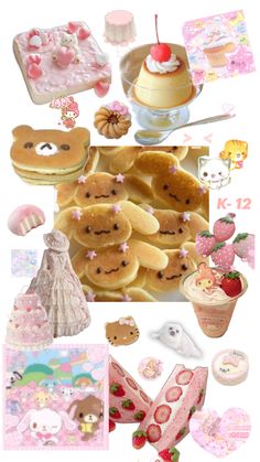 there are many different items that can be found in this photo collage, including cakes and desserts