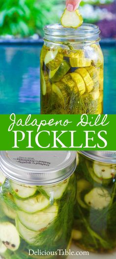 pickled cucumbers in mason jars with text overlay