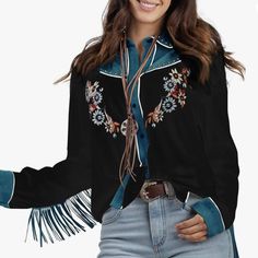 This Embroidered Western Long Sleeve Button-Down Cowgirl Shirt Blends Classic Western Style With A Feminine Touch. Featuring Intricate Embroidery On The Chest And Sleeves, This Shirt Adds Flair To The Traditional Cowgirl Look. The Button-Down Front And Long Sleeves Offer A Timeless, Comfortable Fit, Perfect For Pairing With Jeans Or A Skirt. Whether You're Heading To A Rodeo Or Dressing Up For A Casual Night Out, This Shirt Delivers The Perfect Mix Of Rugged Charm And Elegant Detailing, Making I Shirts With Embroidery, Casual Blouse Shirts, Casual Blouses, Cowgirl Shirts, Casual Night Out, Country Shirts, Western Shirts, Casual Blouse, Shirt Collar