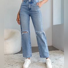 Brand New Shein Tall High Waist Ripped Frayed Straight Leg Jeans Light Wash Size 8/10 Ripped Jeans Outfit Women, Shopping Moodboard, Petite High Waisted Jeans, Knee Cut Jeans, Light Wash Jeans Outfit, Quirky Outfits, Straight Ripped Jeans, Womens Straight Leg Jeans, Baddie Birthday