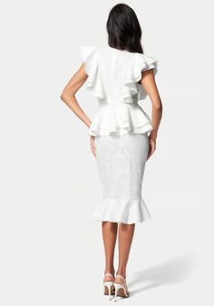 Lace Ruffle Peplum Pencil Dress | bebe Ruffle Lace Dress, Bebe Dresses, Lace Ruffle, Pencil Dress, Jeans Pants, Lace Dress, Dancing, White And Black, White Dress