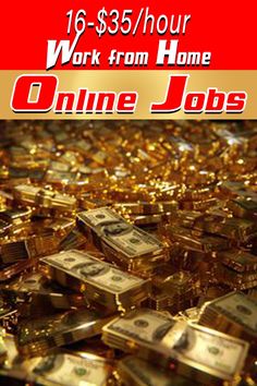 the words work from home online jobs are overlaid by gold glitters and stacks of money