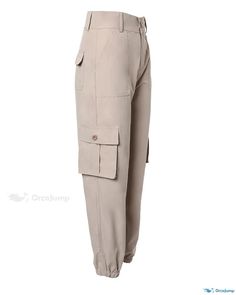 OrcaJump - Premium High-Waist Cargo Pants with Convenient Pocket Design Beige Full Length Work Pants With Pockets, Beige Full-length Pants With Multiple Pockets, Beige High-waist Cargo Pants With Side Pockets, High Waist Beige Cargo Pants With Side Pockets, Beige High Waist Pants With Multiple Pockets, High Waist Beige Cargo Pants, Beige Harem Pants With Pockets For Work, Beige Full-length Bottoms With Pockets, Beige Full Length Bottoms With Pockets