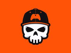 a skull wearing a baseball cap on an orange background