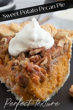 sweet potato pecan pie with whipped cream on top