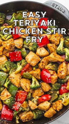 chicken stir fry in a skillet with broccoli and peppers on the side