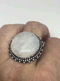 Large Vintage ring set with huge Rainbow Moonstone. Low content silver not sterling About an in long Size 8 can be resized at my jeweler for a $10-$20 fee All rings are shipped free in the US in a nice gift box. Check out our over a THOUSAND great reviews Engraving is $4 per letter and is not always perfect depending on the piece. It can take a few days if the jeweler is busy. This is payable to Paypal Judithsltd@gmail.com Round Moonstone Jewelry With Large Stone, Moonstone Jewelry With Large Round Stone, Handmade Silver Moonstone Ring, Nickel-free Round Moonstone Gift Ring, Large Moonstone Spiritual Ring, Unique Nickel-free Moonstone Ring, Moonstone Ring With Large Round Stone, Bohemian Moonstone Ring With Large Stone, Unique Large Stone Moonstone Ring