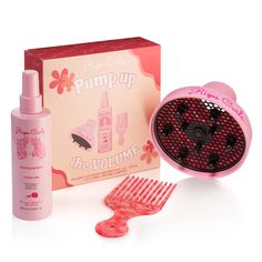 This exclusive Pump Up the Volume Kit includes our Volumizing Hair Spray, Collapsible Diffuser & Hair Pick Comb. The ultimate trio for MAXIMUM volume, lasting hold, radiant shine & no-crunch curls  For:  3 easy steps to achieve maximum volume, strong touchable hold & radiant shine in minimal dry time. Why We Love: Long-lasting flexible hold..No crunch! Provides frizz control & combats humidity Boosts shine for visibly healthier curls  Improves health of hair, environmental protection Dries Hair Rapidly & Evenly Enhances Volume & Curl Definition Universal Size that fits most hair dryers Collapsible & Lightweight Great for fluffing curls! Custom oversized design with long picks great for reaching & lifting at roots Larger size than most hair pick combs for extra coverage & volume! Pump Up th Hair Rap, Volumizing Hair Spray, Rizos Curls, Diffuser Hair, Pump Up The Volume, Pick Comb, Hair Volume Spray, Volumizing Hair, Bath Stuff