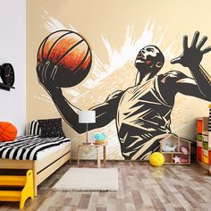 a bedroom with a basketball mural on the wall