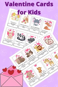 valentine's day cards for kids with pictures of animals and hearts in the envelope